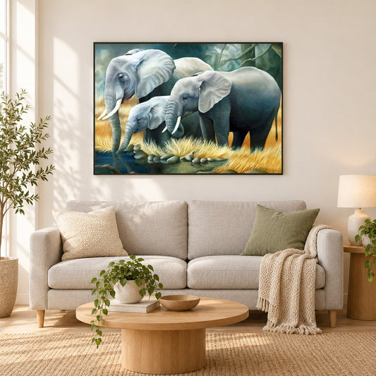 Elefantenfamilie Trinkwasser als gerahmtes Diamond Painting im Wohnzimmer