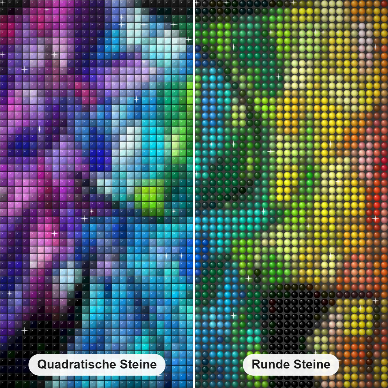 Elefantenkunst Glasmalerei Diamond Painting Nahaufnahme mit quadratischen und runden Steinen