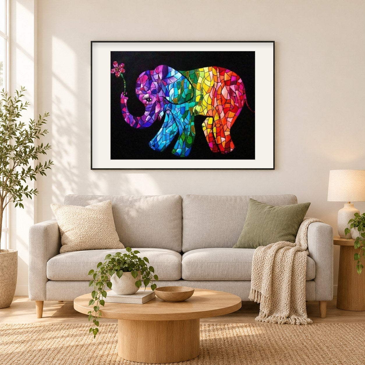 Elefantenkunst Glasmalerei als gerahmtes Diamond Painting im Wohnzimmer
