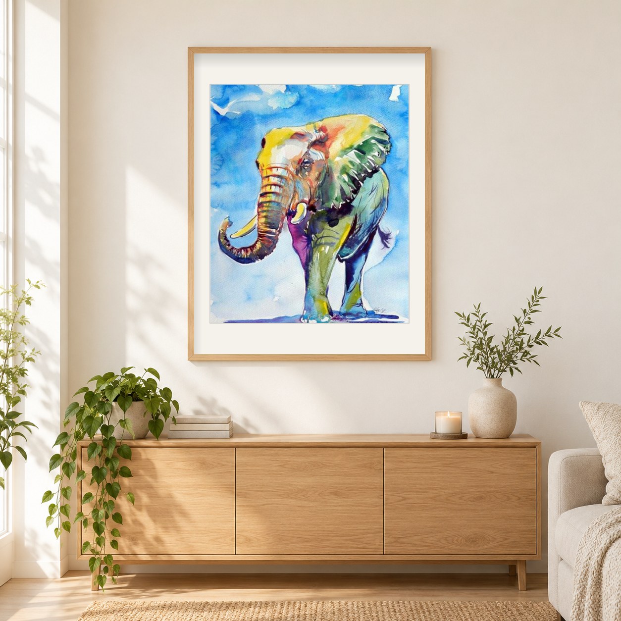 Elefantenkunst als gerahmtes Diamond Painting im Wohnzimmer