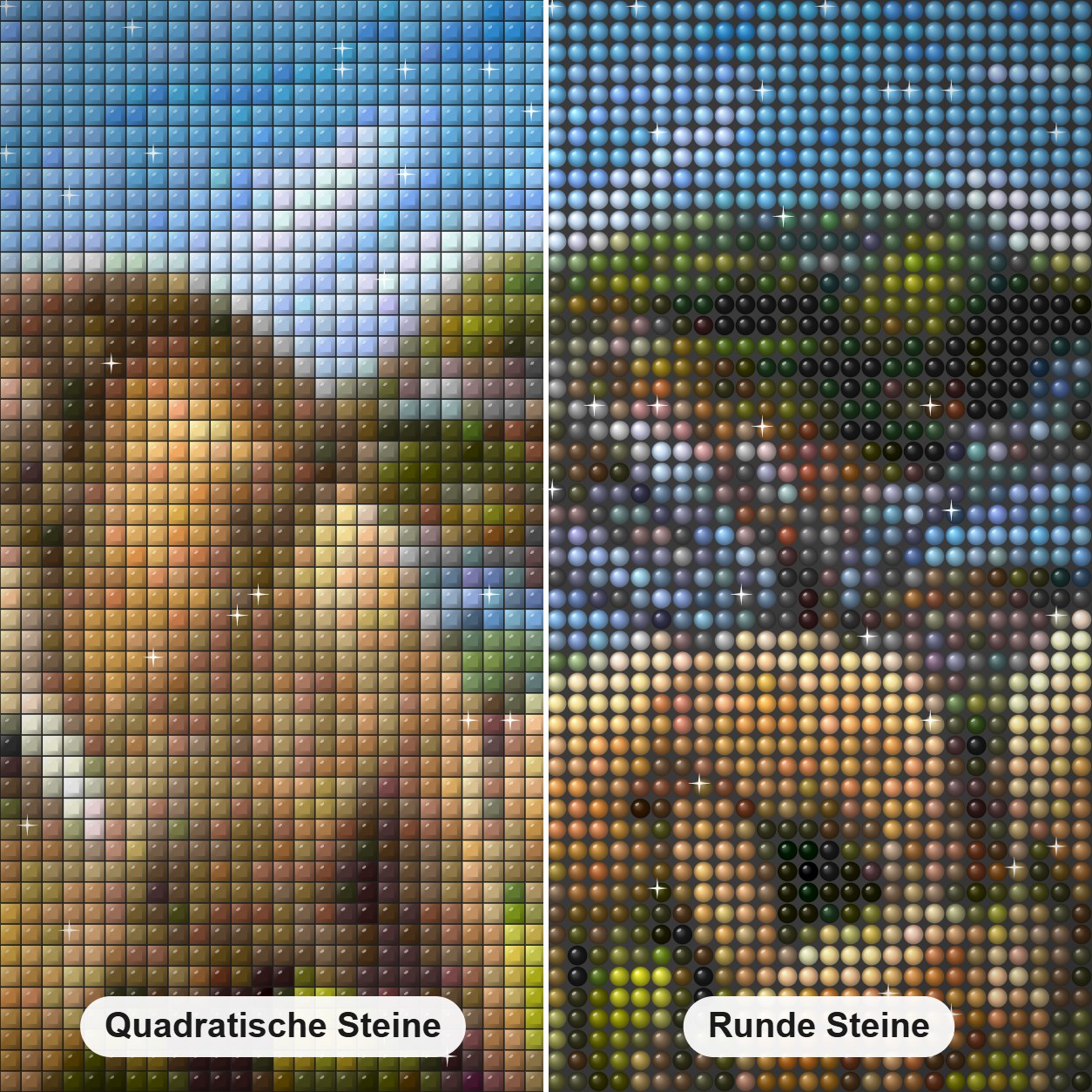 Elefantenwelt Diamond Painting Nahaufnahme mit quadratischen und runden Steinen