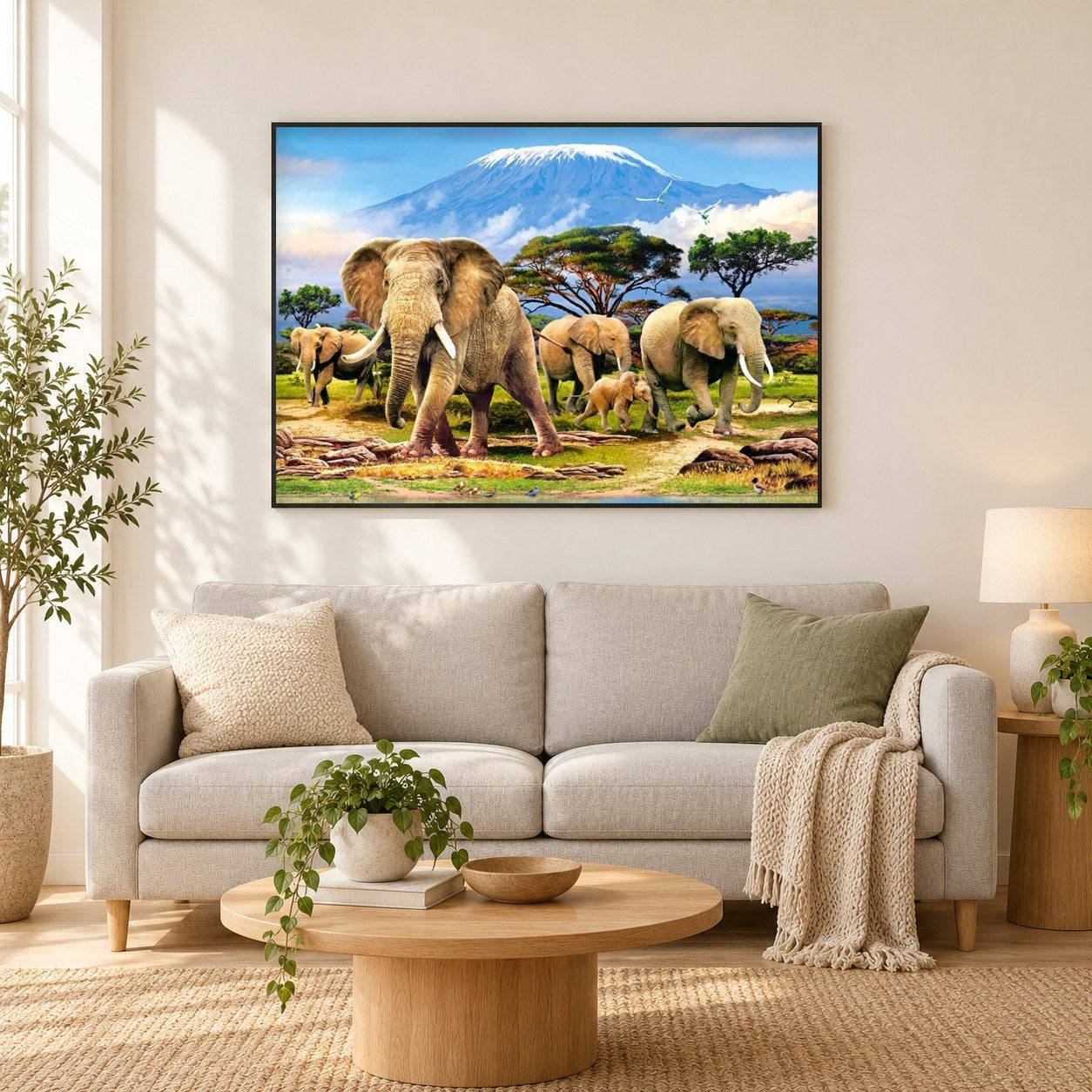Elefantenwelt als gerahmtes Diamond Painting im Wohnzimmer