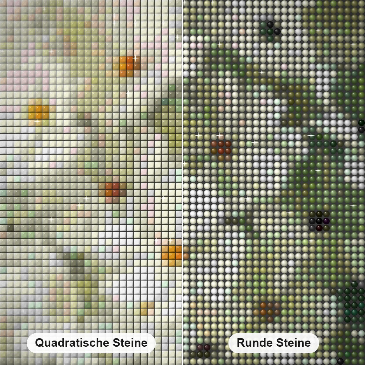 Elegante weiße Blumen in der Vase Diamond Painting Nahaufnahme mit quadratischen und runden Steinen