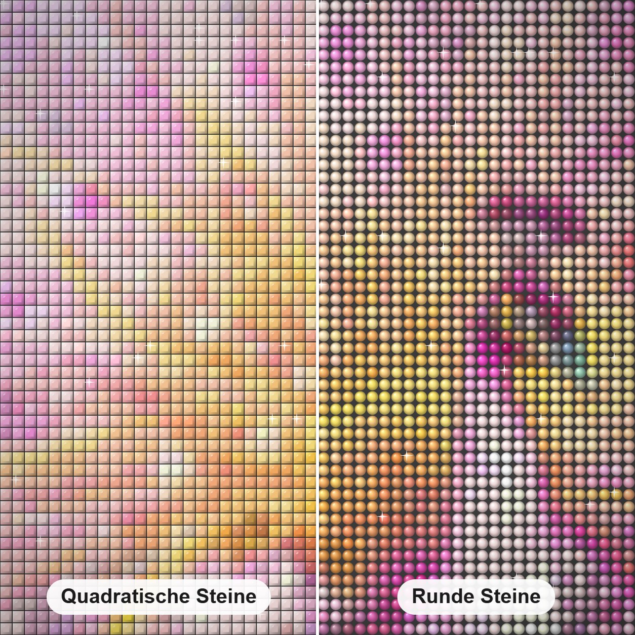Eleganter rosa Pfau & Blumen Diamond Painting Nahaufnahme mit quadratischen und runden Steinen