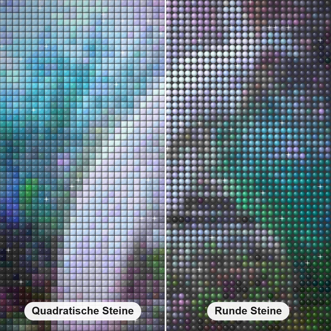 Eleganter weißer Pfau Diamond Painting Nahaufnahme mit quadratischen und runden Steinen