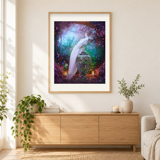 Eleganter weißer Pfau als gerahmtes Diamond Painting im Wohnzimmer