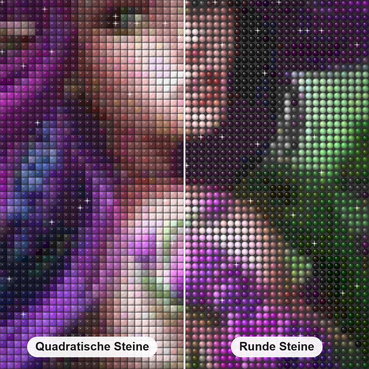 Elfenschönheit Diamond Painting Nahaufnahme mit quadratischen und runden Steinen