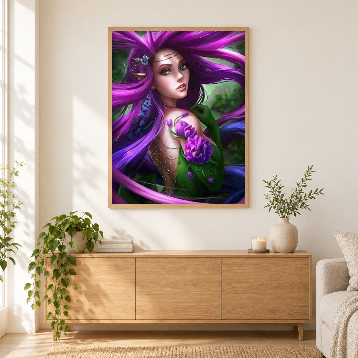 Elfenschönheit als gerahmtes Diamond Painting im Wohnzimmer