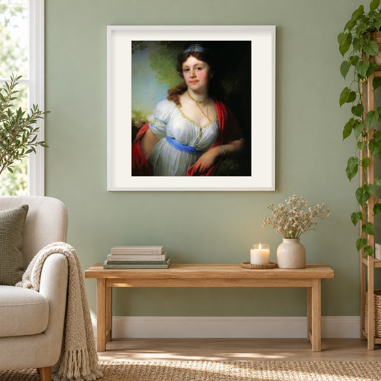 Elizabeth Grigoryevna Temkina von Vladimir Borovikovsky als gerahmtes Diamond Painting im Wohnzimmer