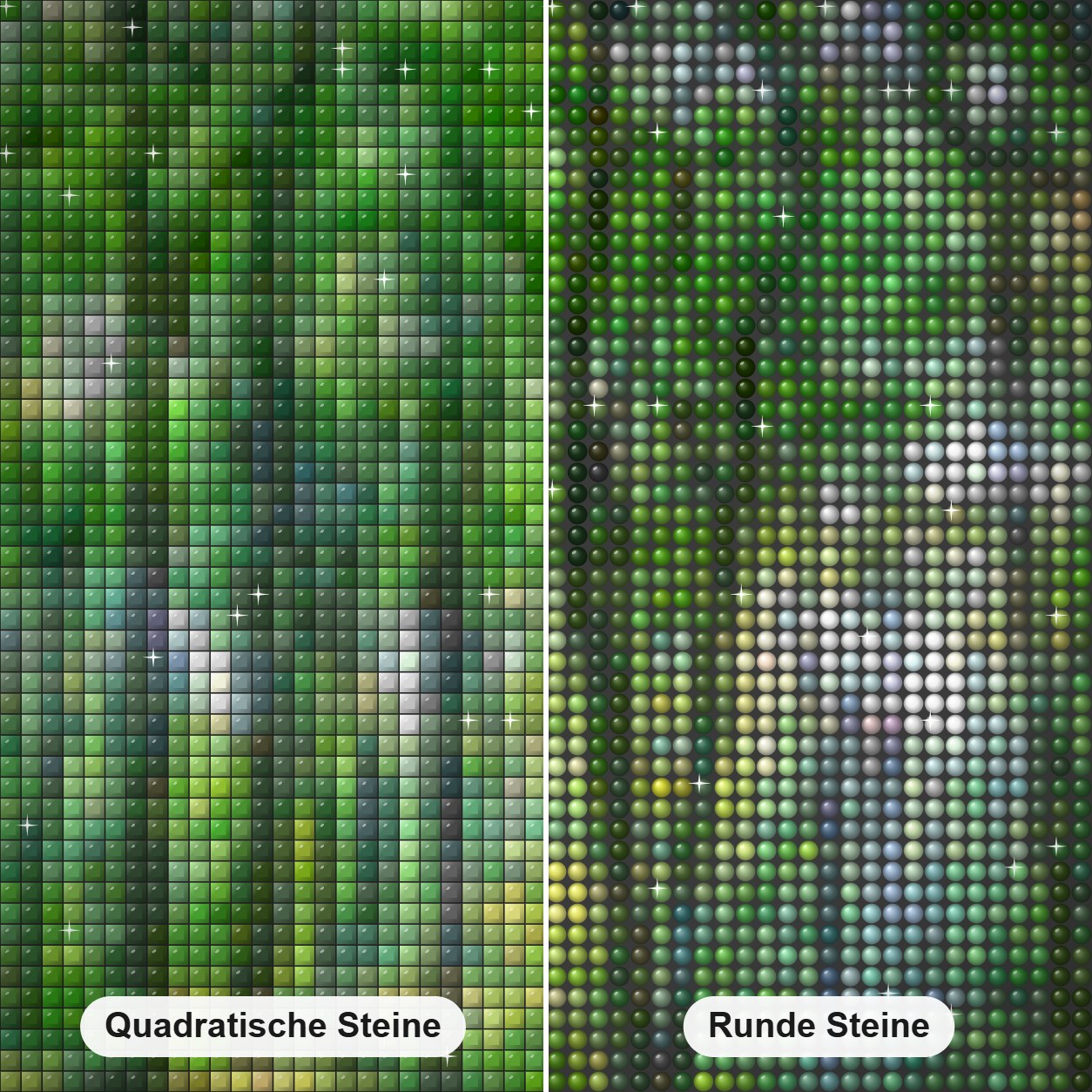 Smaragdwald - Kunst des Denise Dundon Diamond Painting Nahaufnahme mit quadratischen und runden Steinen