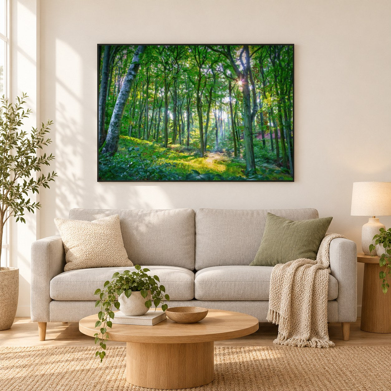 Smaragdwald - Kunst des Denise Dundon als gerahmtes Diamond Painting im Wohnzimmer