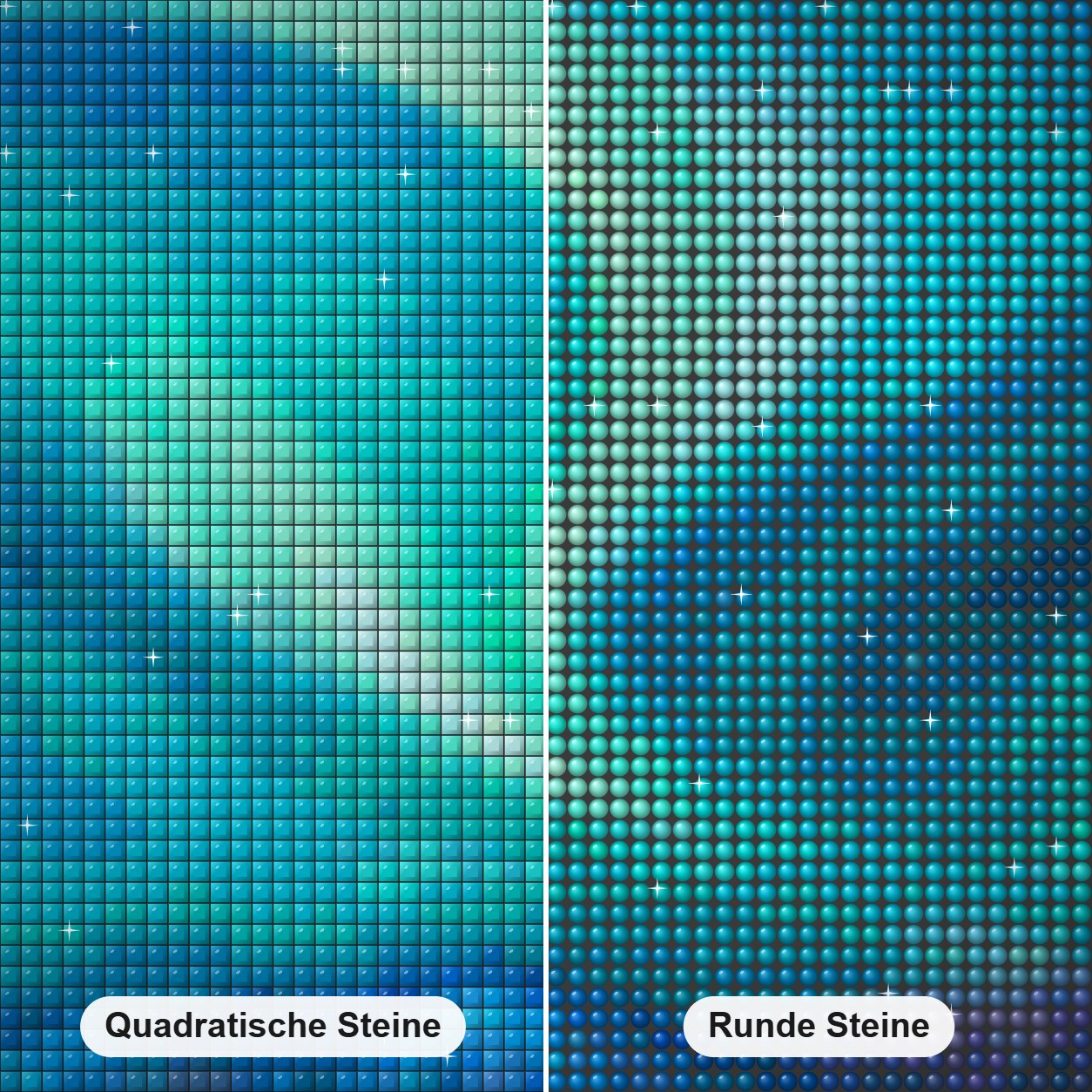 Smaragde und Eis - Kunst des Jonn Einerssen Diamond Painting Nahaufnahme mit quadratischen und runden Steinen