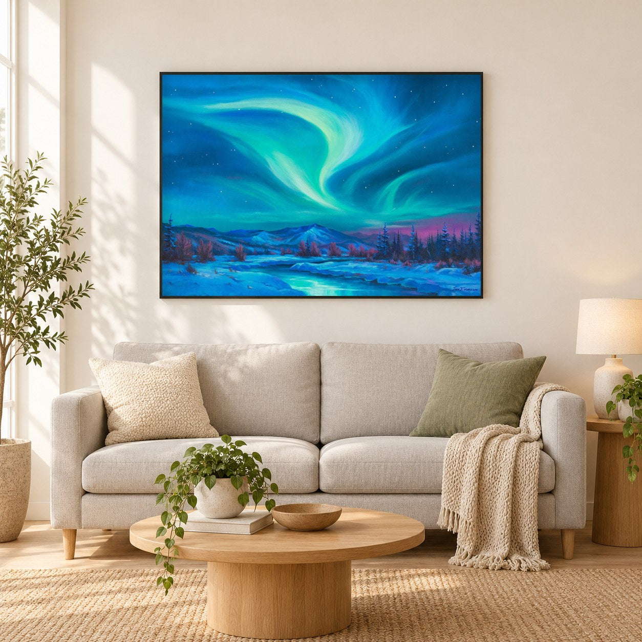 Smaragde und Eis - Kunst des Jonn Einerssen als gerahmtes Diamond Painting im Wohnzimmer