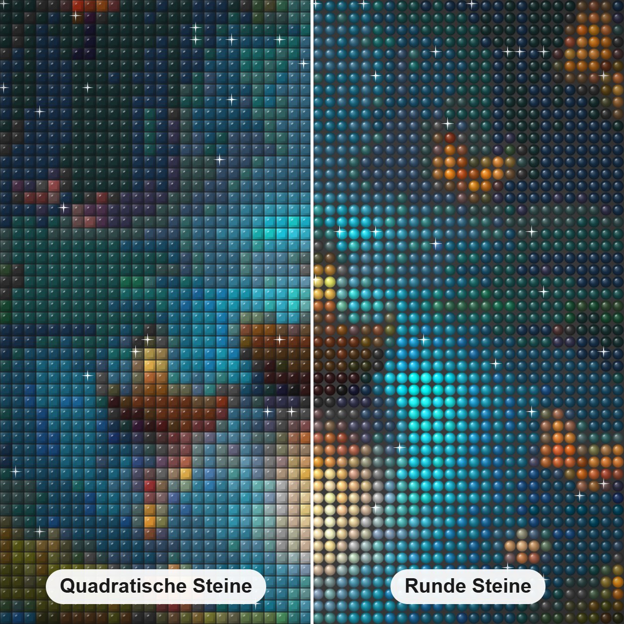 Verzauberter Abend Diamond Painting Nahaufnahme mit quadratischen und runden Steinen