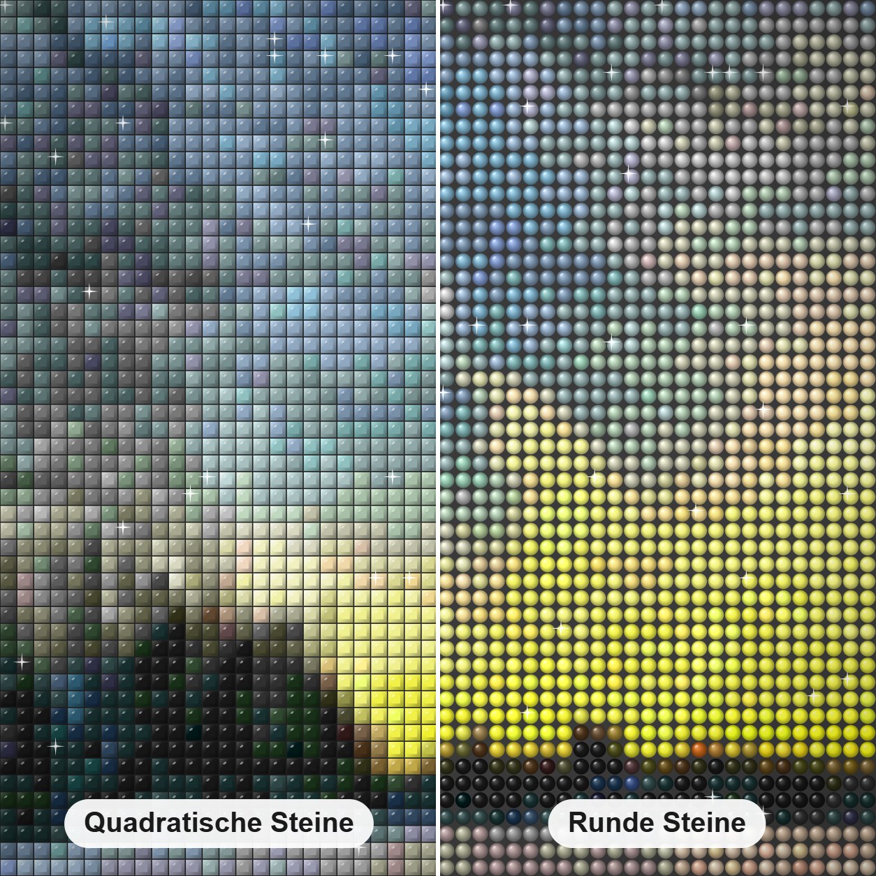 Ende eines Wintertages - Kunst des Denise Dundon Diamond Painting Nahaufnahme mit quadratischen und runden Steinen