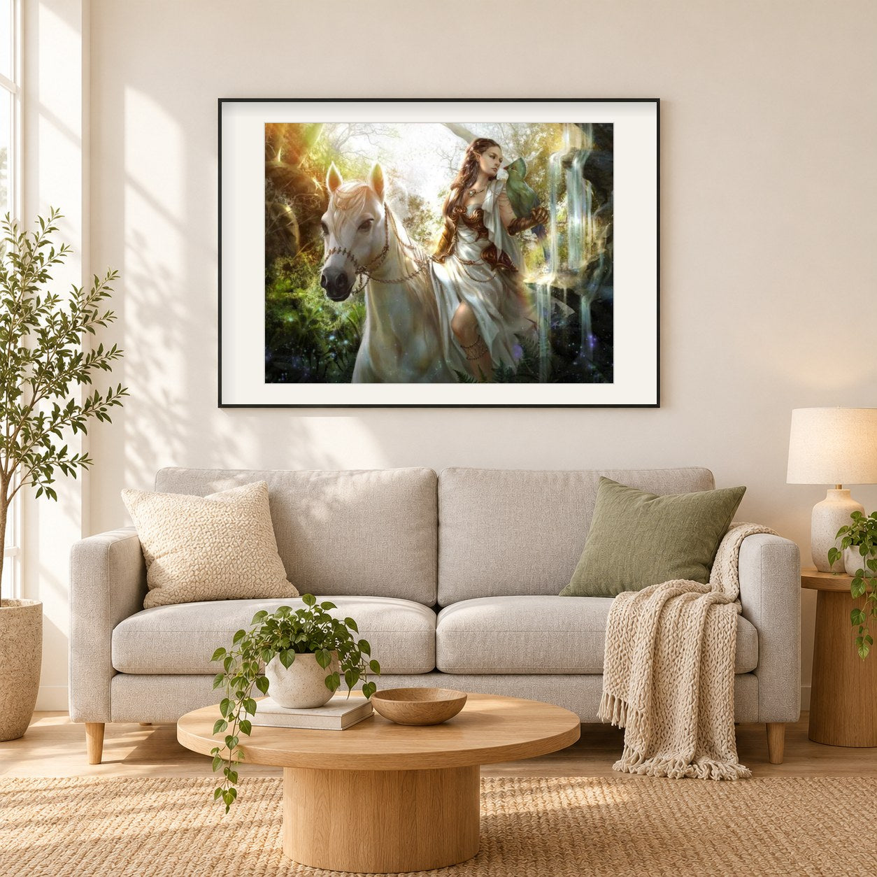 Engel, der das Pferd reitet als gerahmtes Diamond Painting im Wohnzimmer