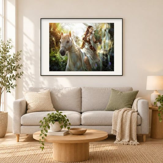 Engel, der das Pferd reitet als gerahmtes Diamond Painting im Wohnzimmer