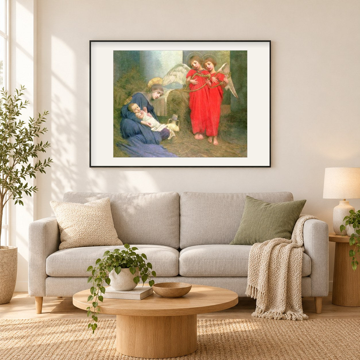 Engel, die das heilige Kind unterhalten als gerahmtes Diamond Painting im Wohnzimmer