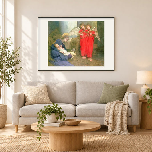 Engel, die das heilige Kind unterhalten als gerahmtes Diamond Painting im Wohnzimmer
