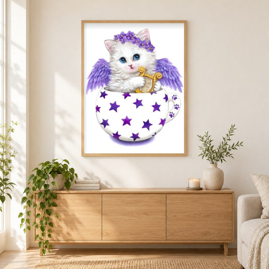 Engelskatze als gerahmtes Diamond Painting im Wohnzimmer