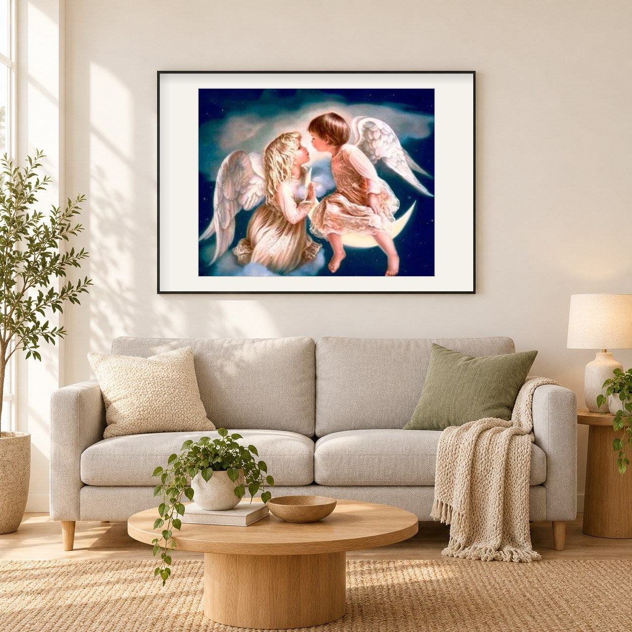 Engelskuss auf Mond als gerahmtes Diamond Painting im Wohnzimmer
