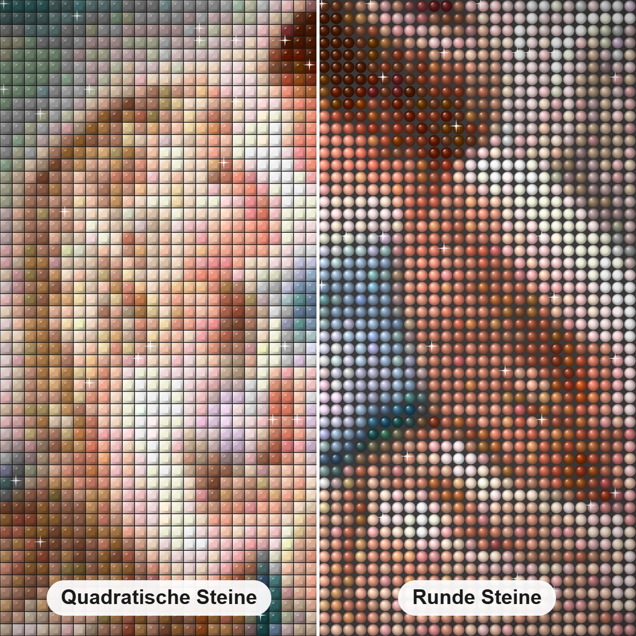 Engelskuss Diamond Painting Nahaufnahme mit quadratischen und runden Steinen