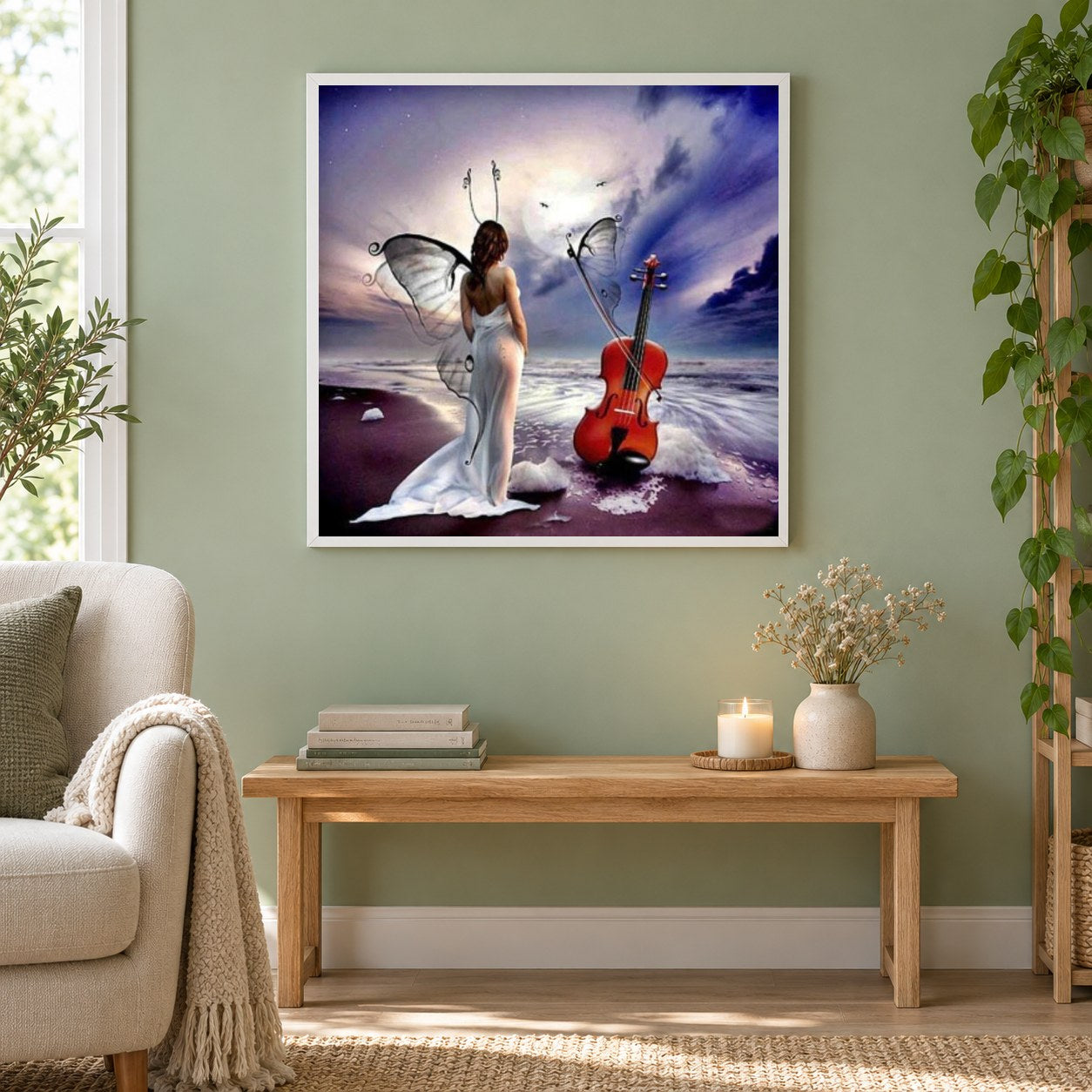 Engelsmädchen & Gitarre am Strand als gerahmtes Diamond Painting im Wohnzimmer