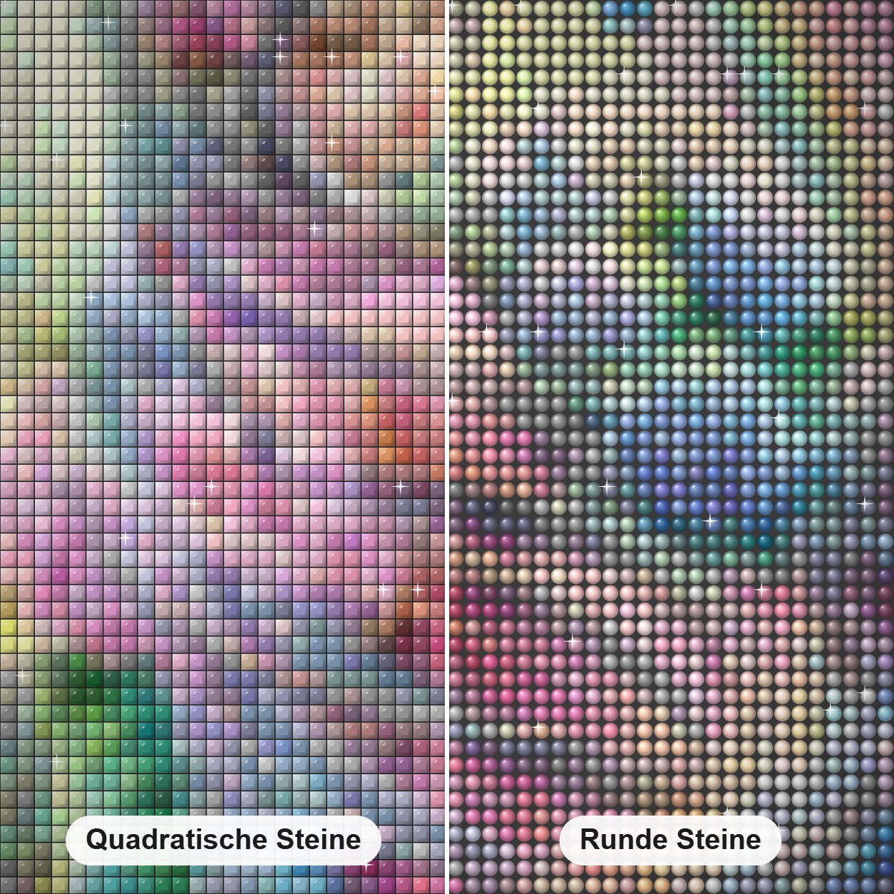 Engelsschönheit Diamond Painting Nahaufnahme mit quadratischen und runden Steinen