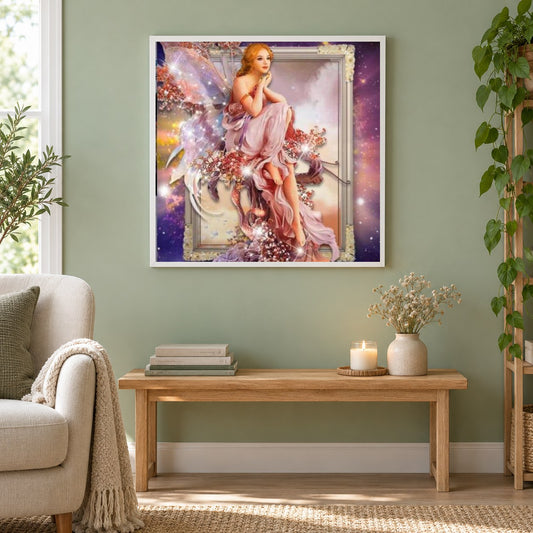 Engelsschönheitsmalerei als gerahmtes Diamond Painting im Wohnzimmer
