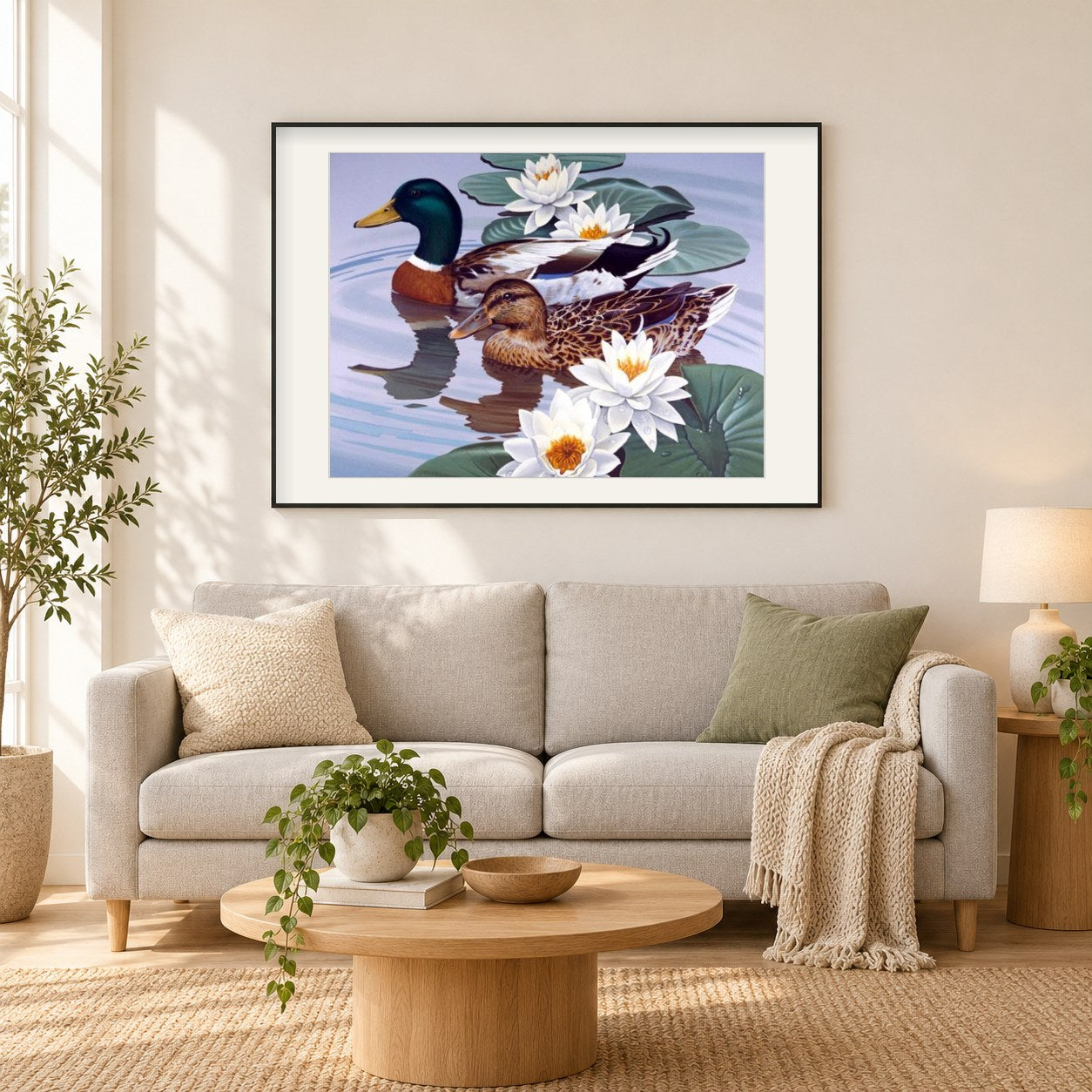 Entenpaar & weißer Lotus als gerahmtes Diamond Painting im Wohnzimmer