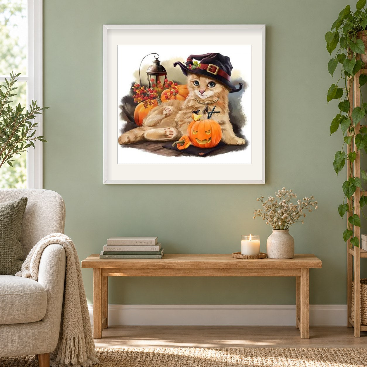 Entzückende Halloween-Katze als gerahmtes Diamond Painting im Wohnzimmer