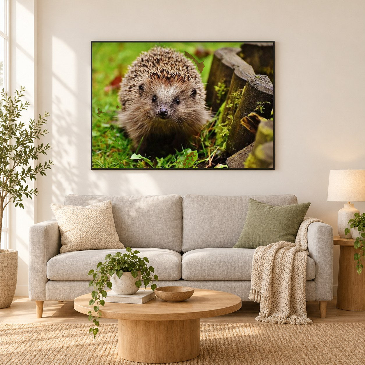 Entzückende Igel als gerahmtes Diamond Painting im Wohnzimmer