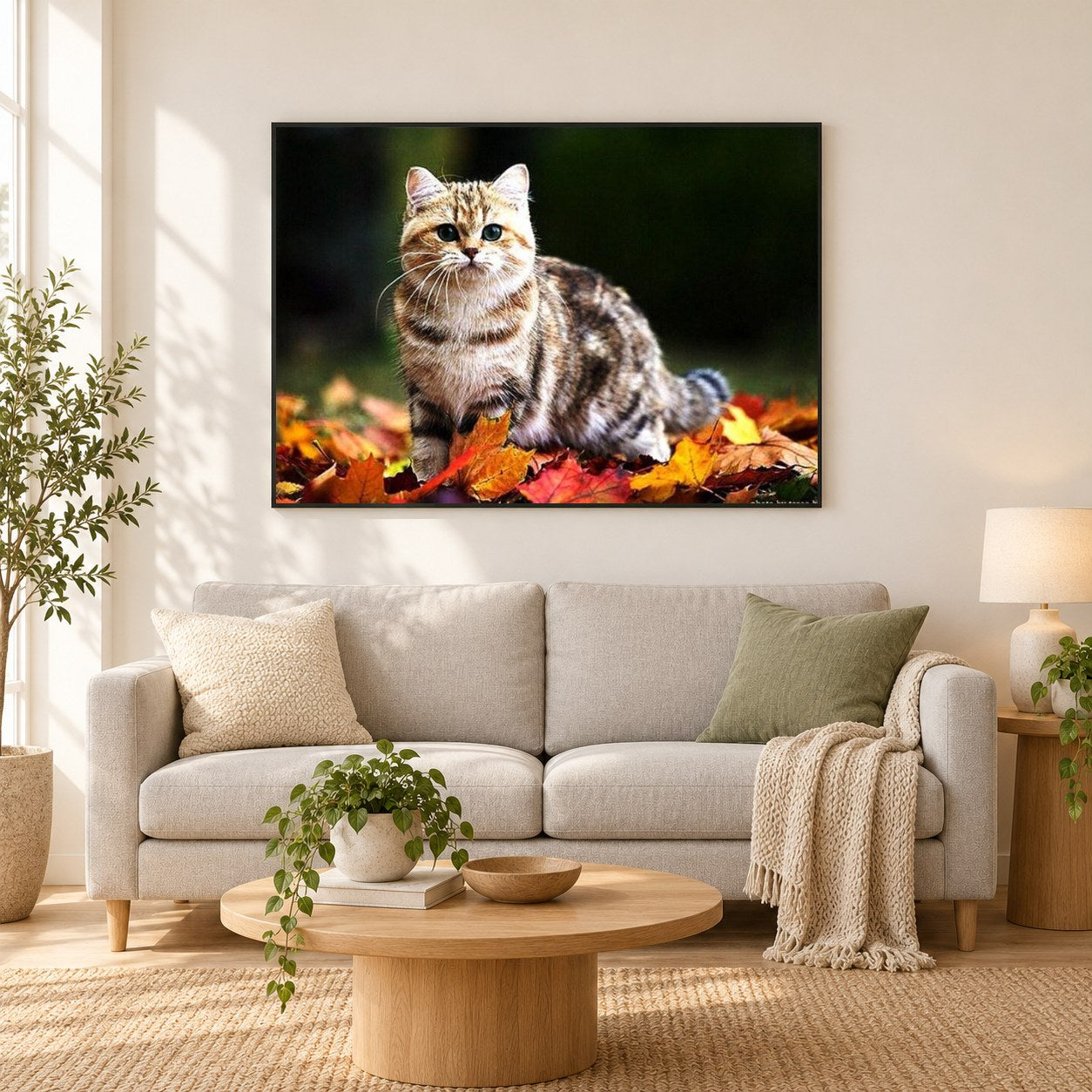 Entzückende Katze auf Herbstlaub als gerahmtes Diamond Painting im Wohnzimmer