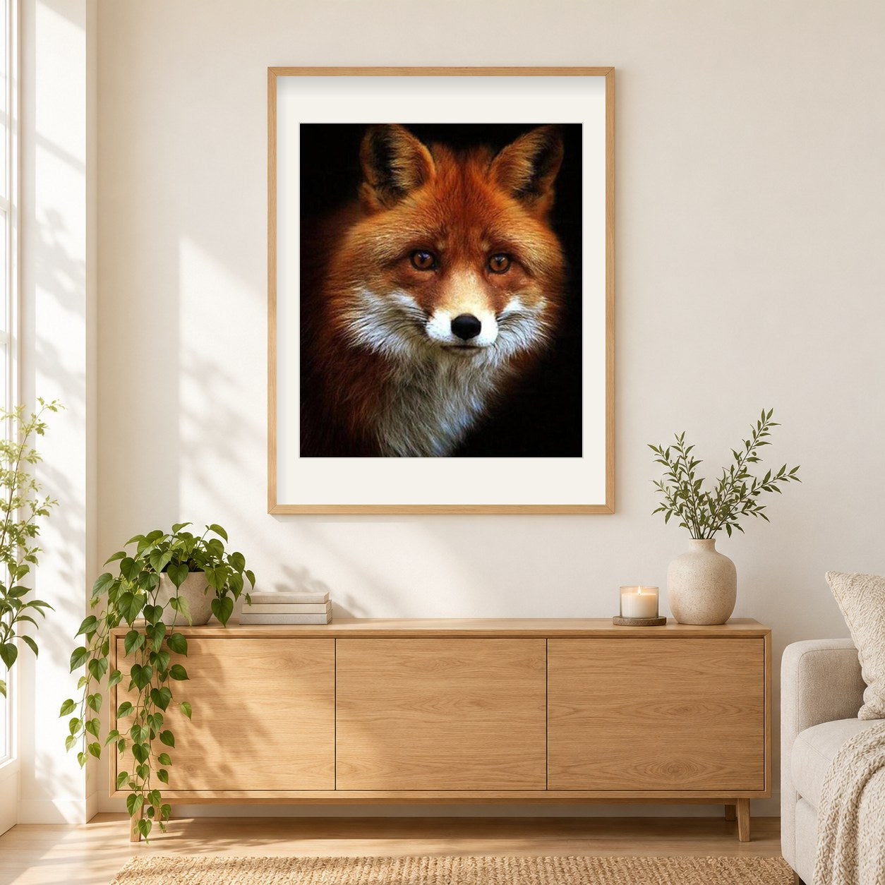 Entzückende Rotfuchs als gerahmtes Diamond Painting im Wohnzimmer