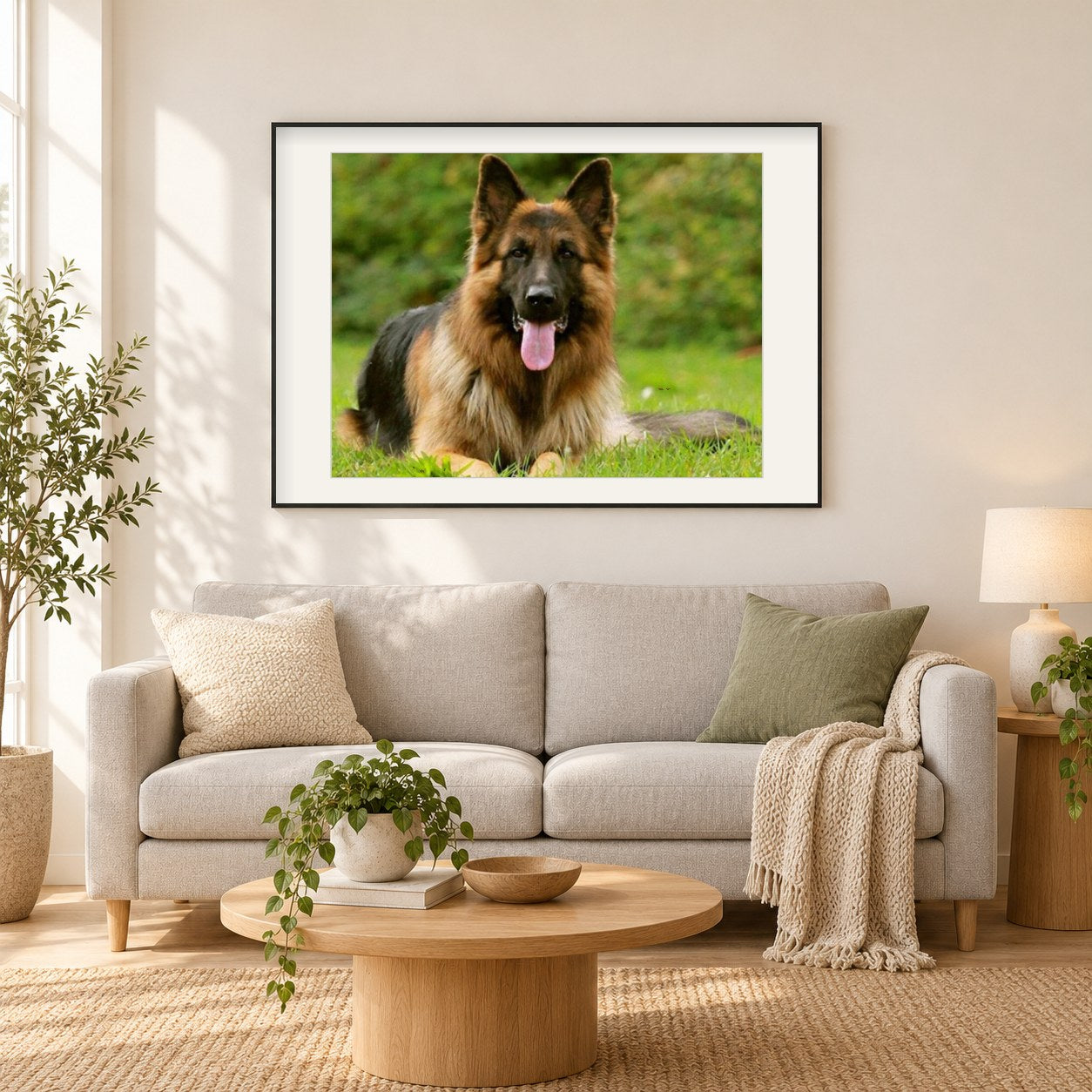 Entzückender deutscher Schäferhund als gerahmtes Diamond Painting im Wohnzimmer