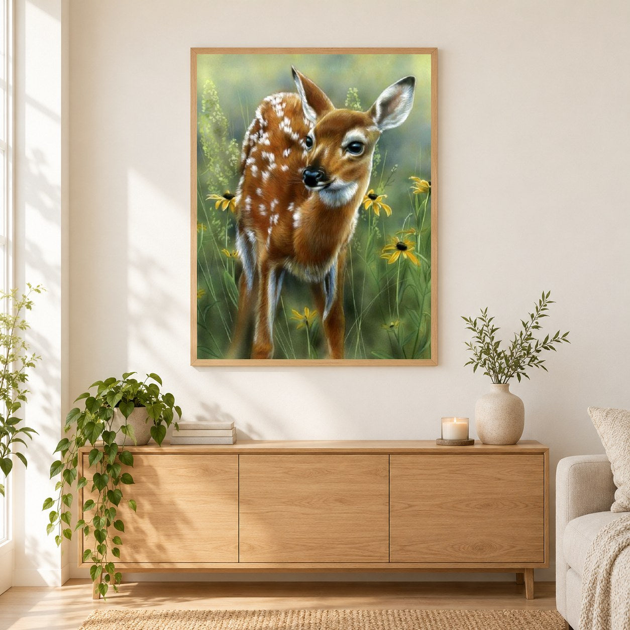 Entzückendes Babyhirsch als gerahmtes Diamond Painting im Wohnzimmer
