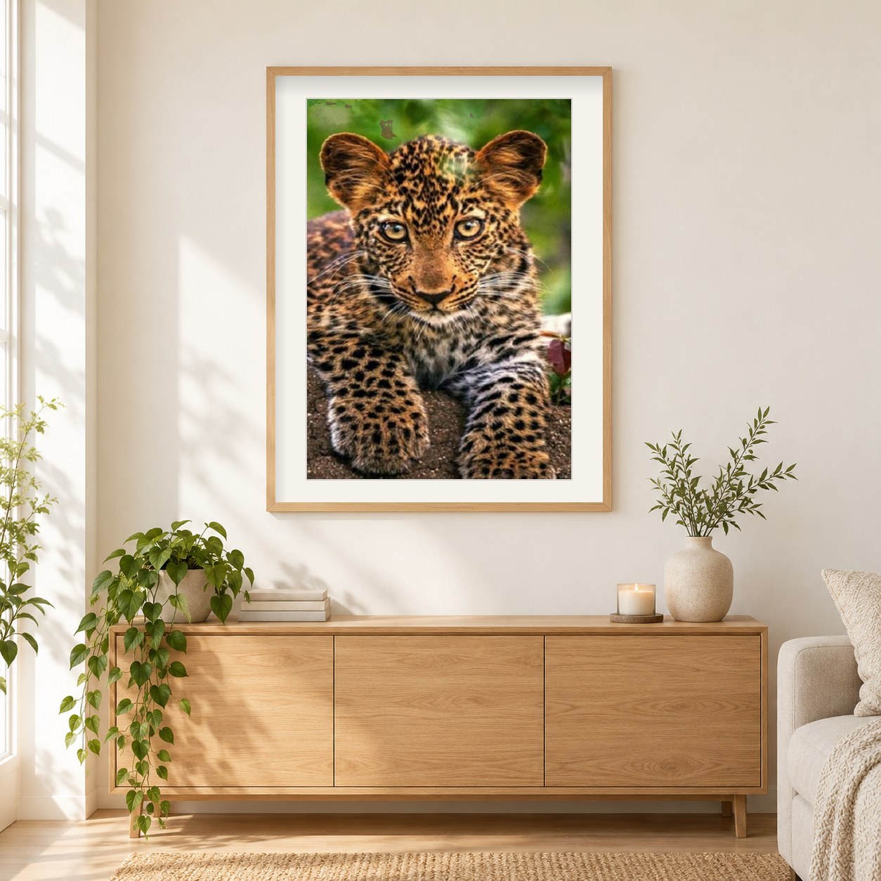 Entzückendes Leopardenjunges als gerahmtes Diamond Painting im Wohnzimmer