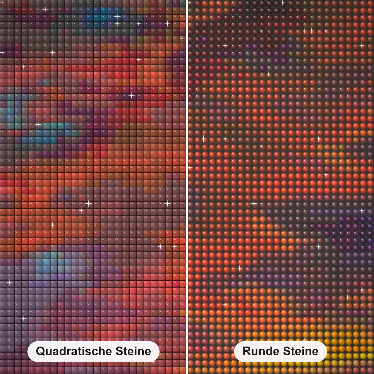 Epilog - Kunst des Jonn Einerssen Diamond Painting Nahaufnahme mit quadratischen und runden Steinen