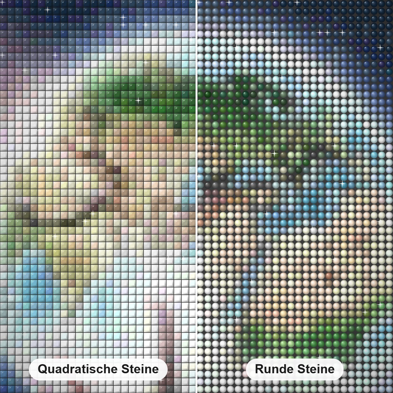 Erd- und Universum Diamond Painting Nahaufnahme mit quadratischen und runden Steinen