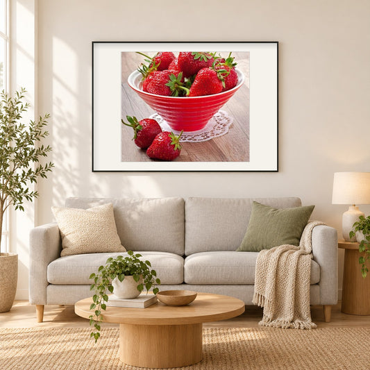 Erdbeer-Vollbohr-Mal-Kit als gerahmtes Diamond Painting im Wohnzimmer