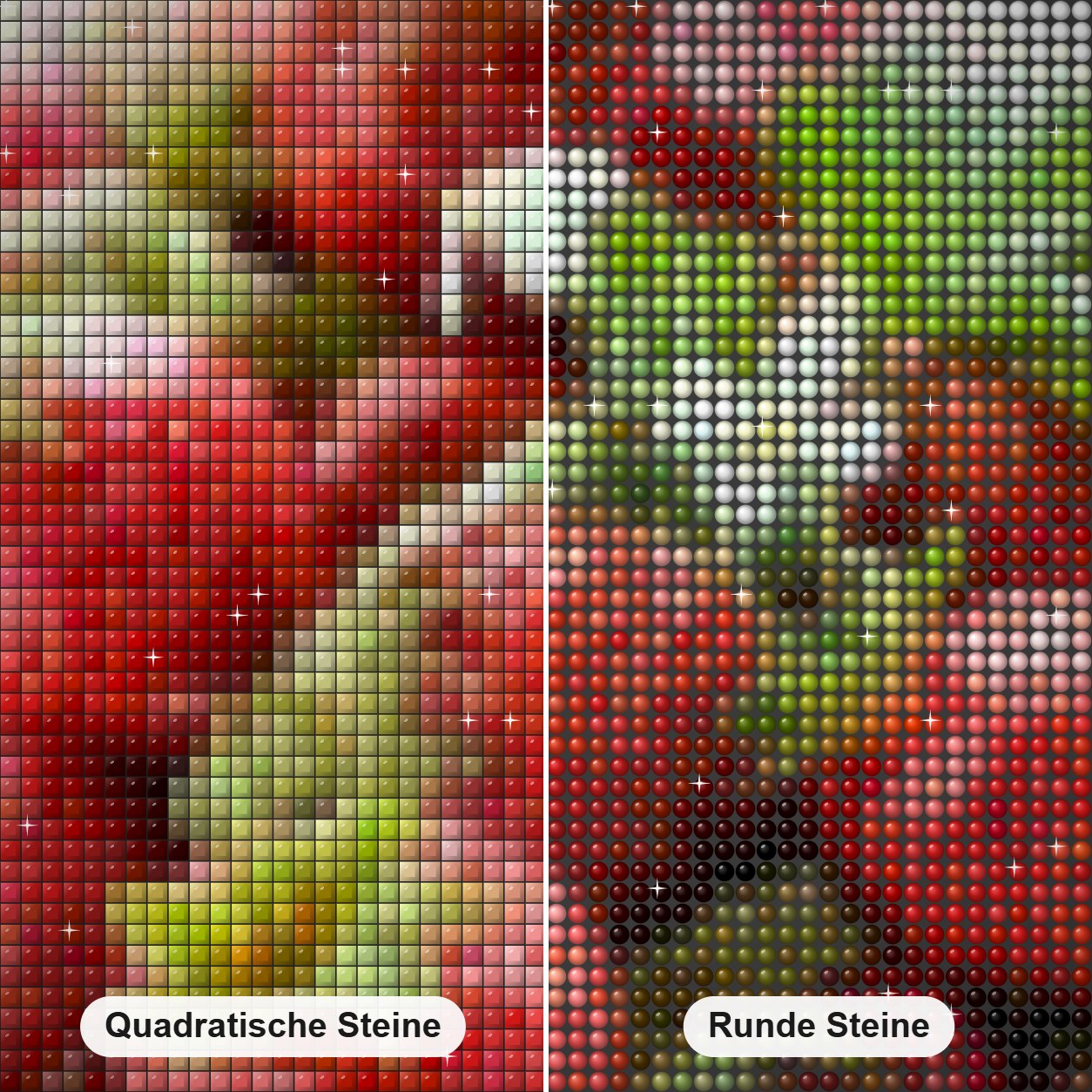 Erdbeere Korb voller Bohrer Diamond Painting Nahaufnahme mit quadratischen und runden Steinen