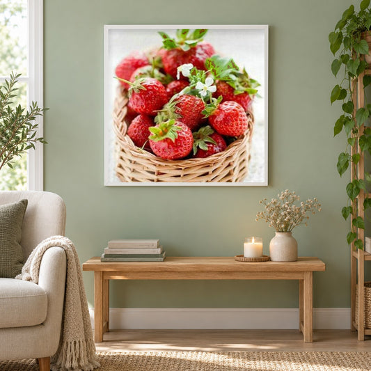 Erdbeere Korb voller Bohrer als gerahmtes Diamond Painting im Wohnzimmer