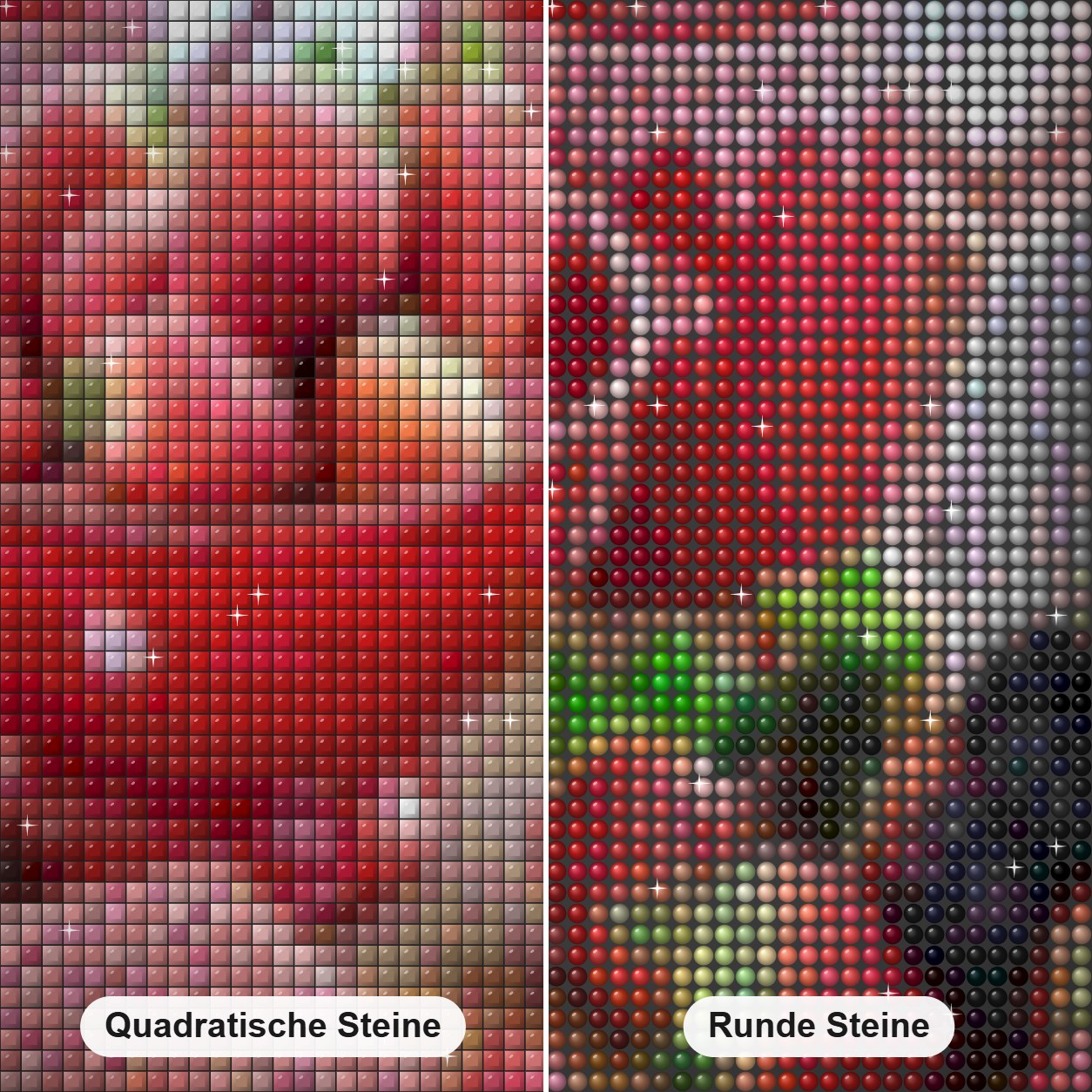 Erdbeeren & blaue Beeren Diamond Painting Nahaufnahme mit quadratischen und runden Steinen
