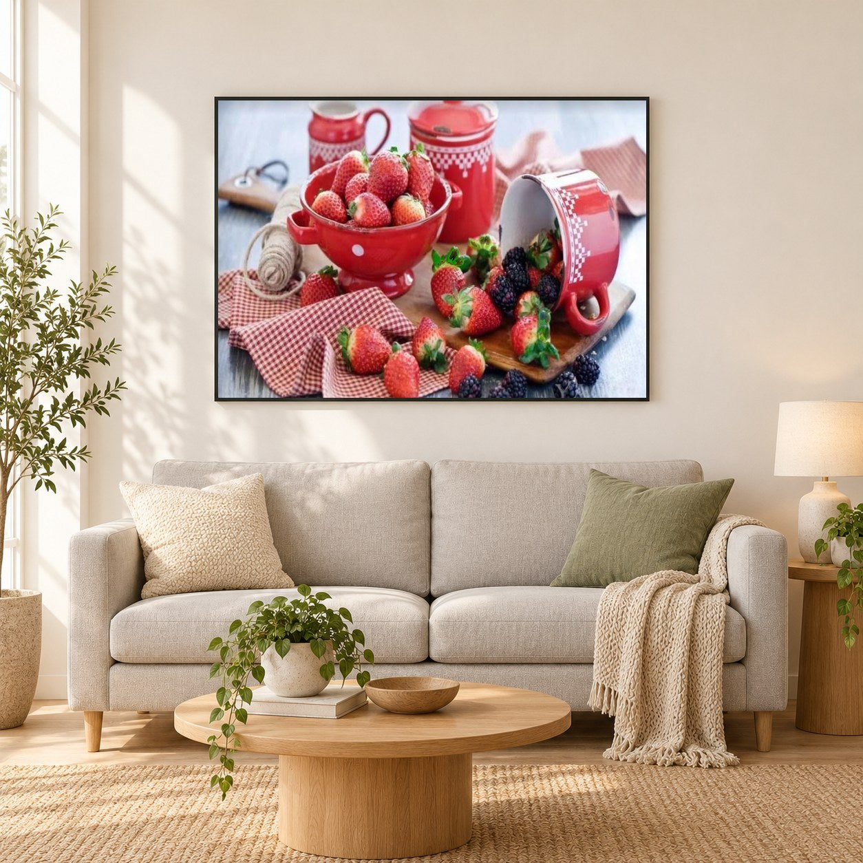Erdbeeren & blaue Beeren als gerahmtes Diamond Painting im Wohnzimmer