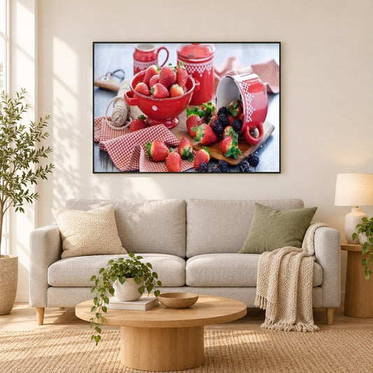 Erdbeeren & blaue Beeren als gerahmtes Diamond Painting im Wohnzimmer