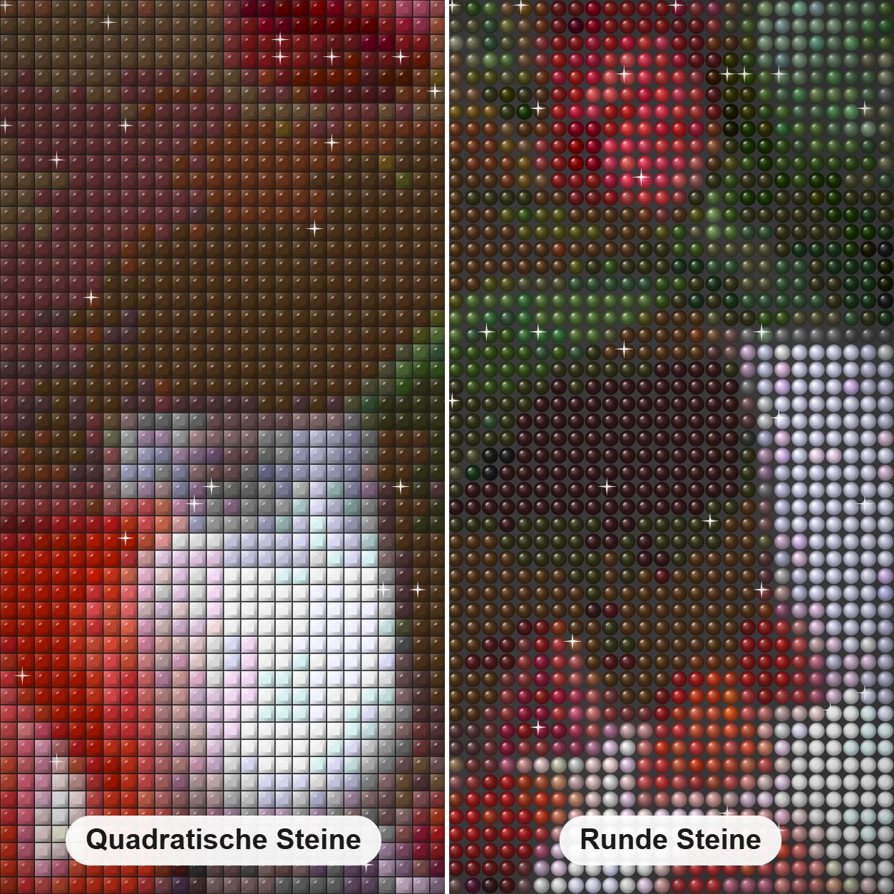 Erdbeeren, Milch & Blumentopf Diamond Painting Nahaufnahme mit quadratischen und runden Steinen