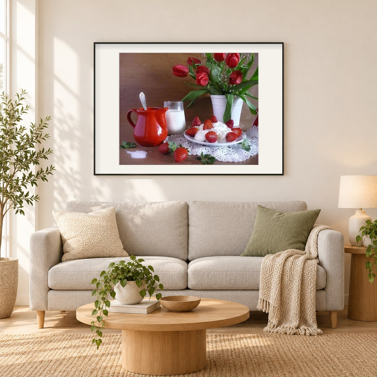 Erdbeeren, Milch & Blumentopf als gerahmtes Diamond Painting im Wohnzimmer