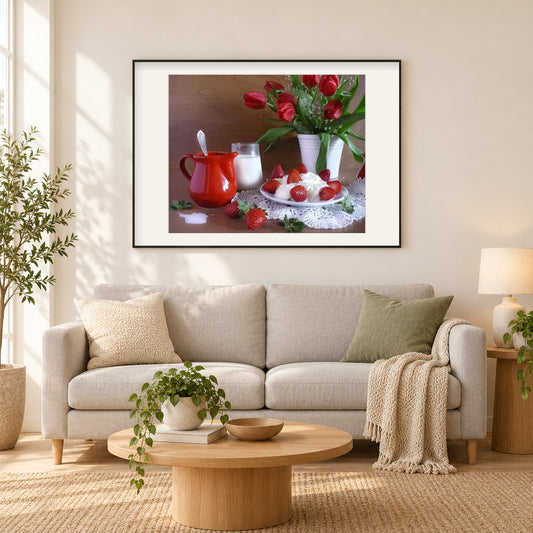 Erdbeeren, Milch & Blumentopf als gerahmtes Diamond Painting im Wohnzimmer