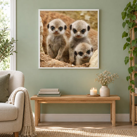 Erdmännchen als gerahmtes Diamond Painting im Wohnzimmer