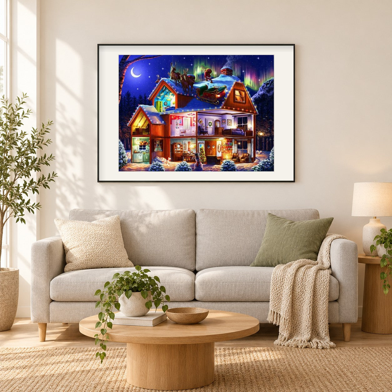 Erstaunlich schönes Weihnachtshaus als gerahmtes Diamond Painting im Wohnzimmer